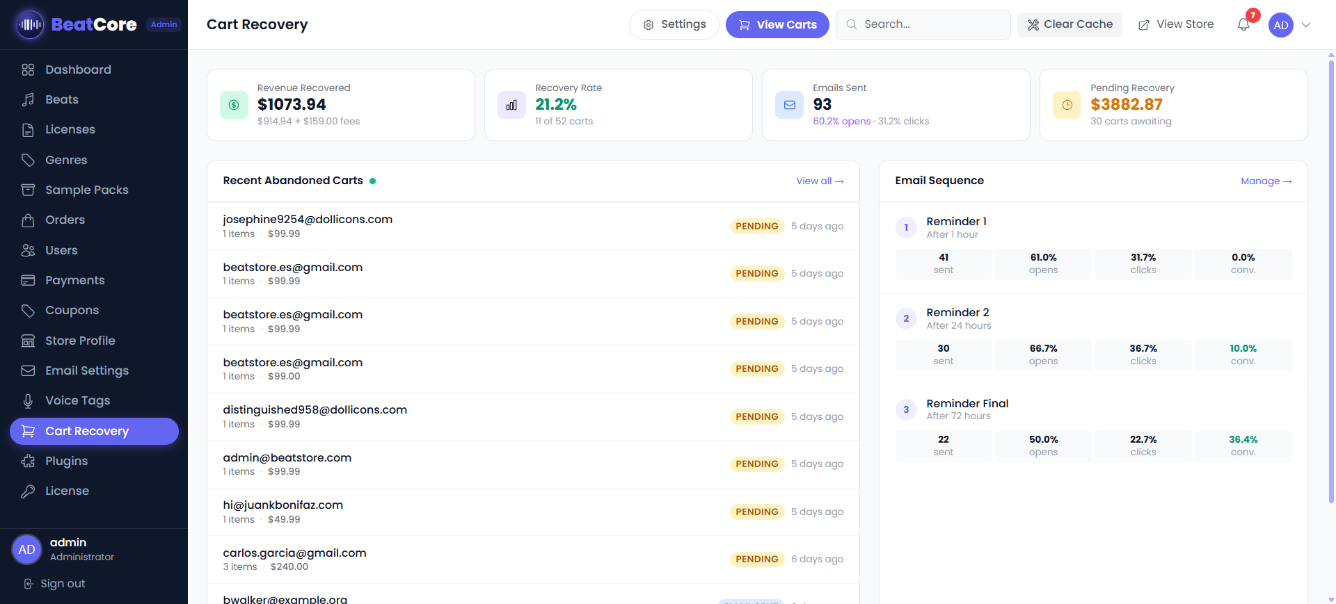 BeatCore Cart Recovery Plugin