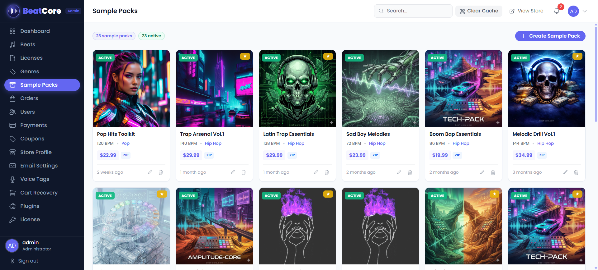 BeatCore Sample Packs Dashboard