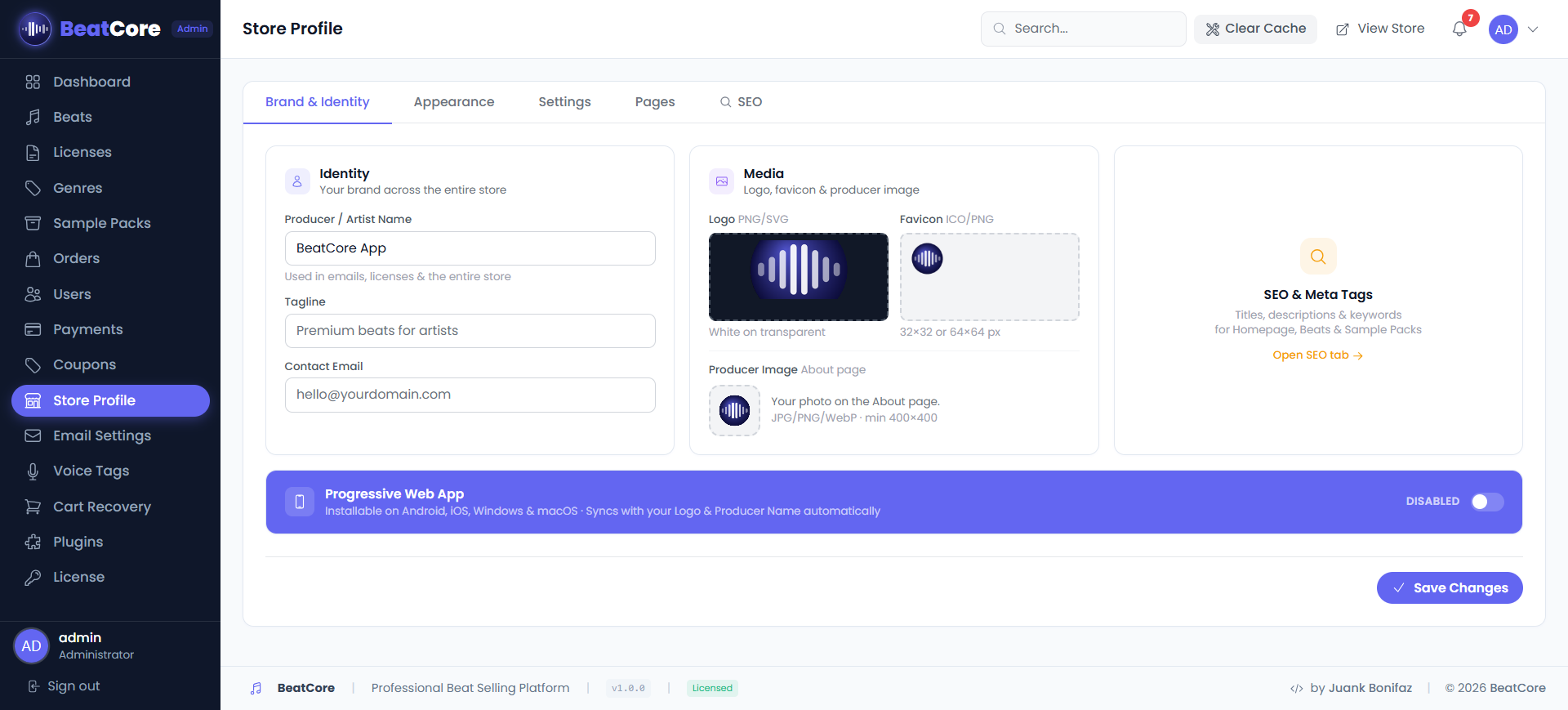 BeatCore Store Profile Settings