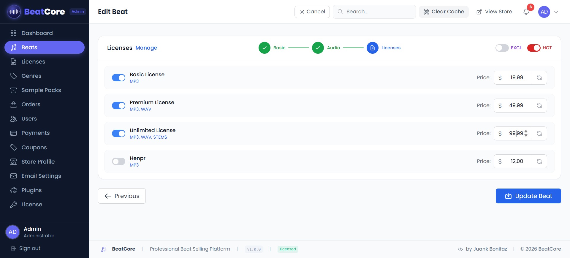 Beat Upload — Step 3: License Pricing