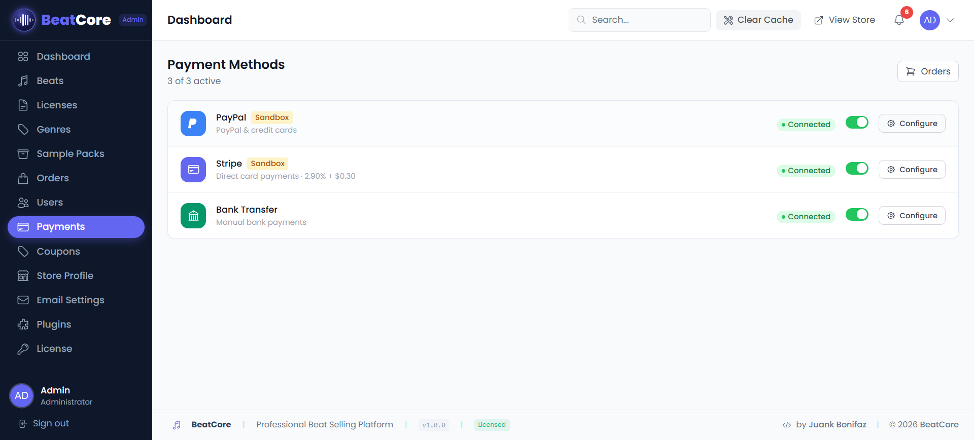 Admin Panel — Payment Gateways